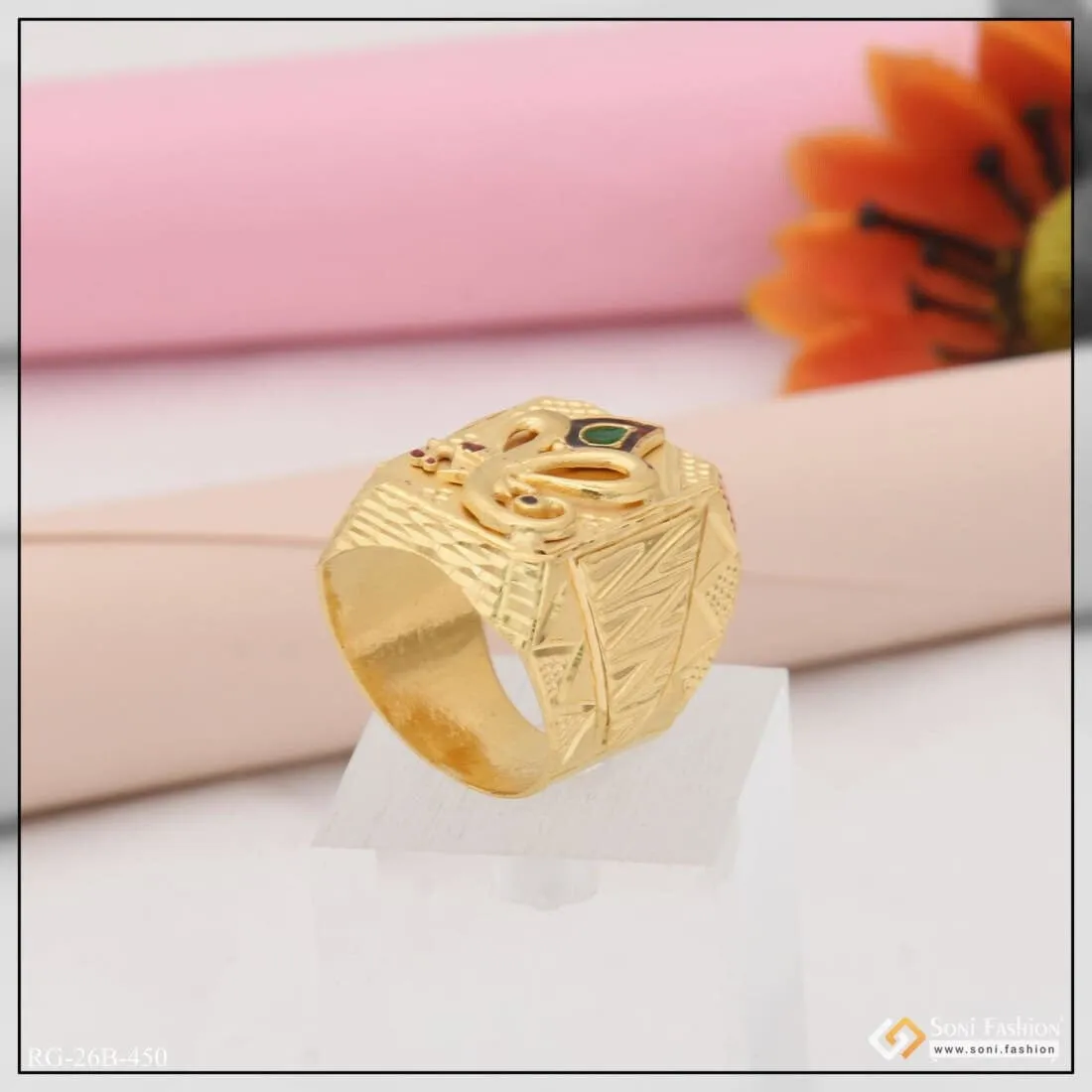 1 Gram Gold Plated Ganesha Stylish Design Best Quality Ring For Men - Style B450