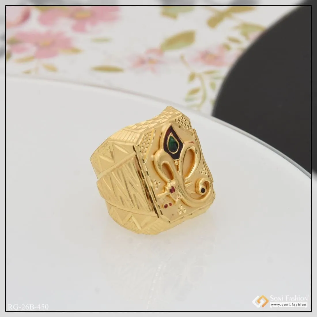 1 Gram Gold Plated Ganesha Stylish Design Best Quality Ring For Men - Style B450