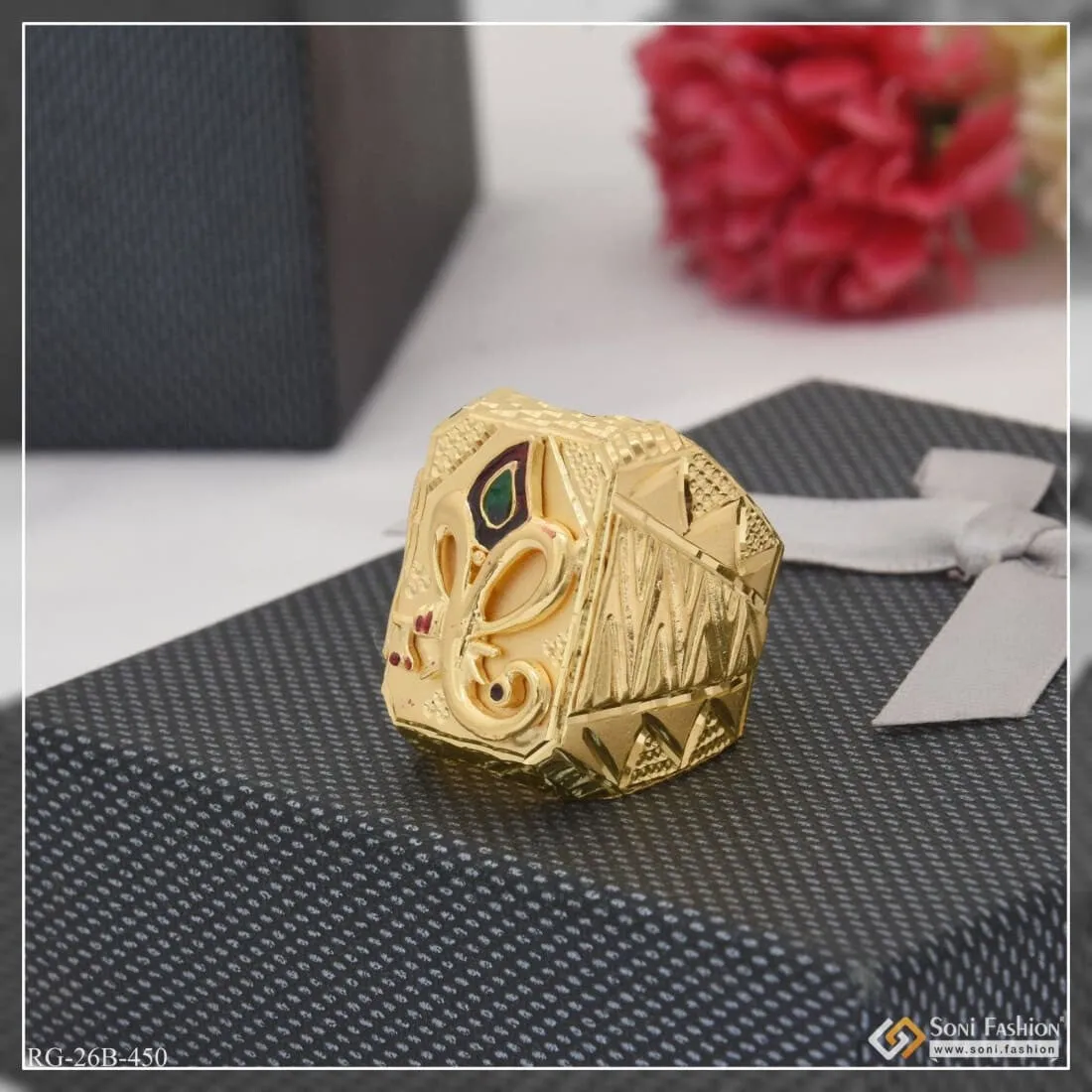 1 Gram Gold Plated Ganesha Stylish Design Best Quality Ring For Men - Style B450