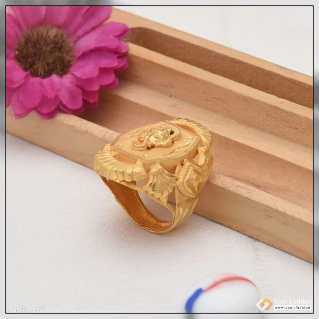 1 Gram Gold Plated Ganpati Stylish Design Best Quality Ring for Men - Style A977