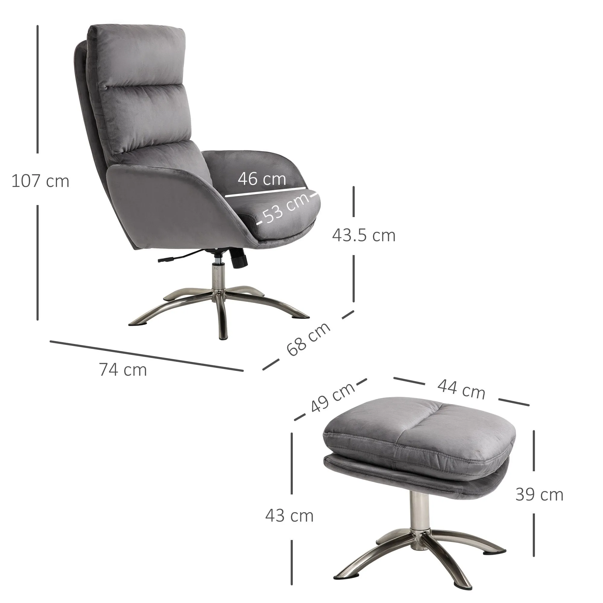 2 Pieces Modern Stylish Ergonomic Tilt Leisure Armchair and Ottoman with Thick Sponge Padding, Metal Base, for Living Room, Bedroom, Study, Office, Dorm, Grey and Silver Foam Padded