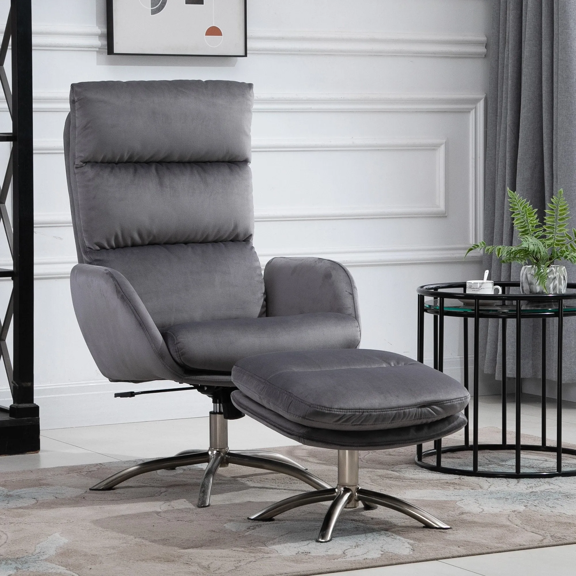 2 Pieces Modern Stylish Ergonomic Tilt Leisure Armchair and Ottoman with Thick Sponge Padding, Metal Base, for Living Room, Bedroom, Study, Office, Dorm, Grey and Silver Foam Padded