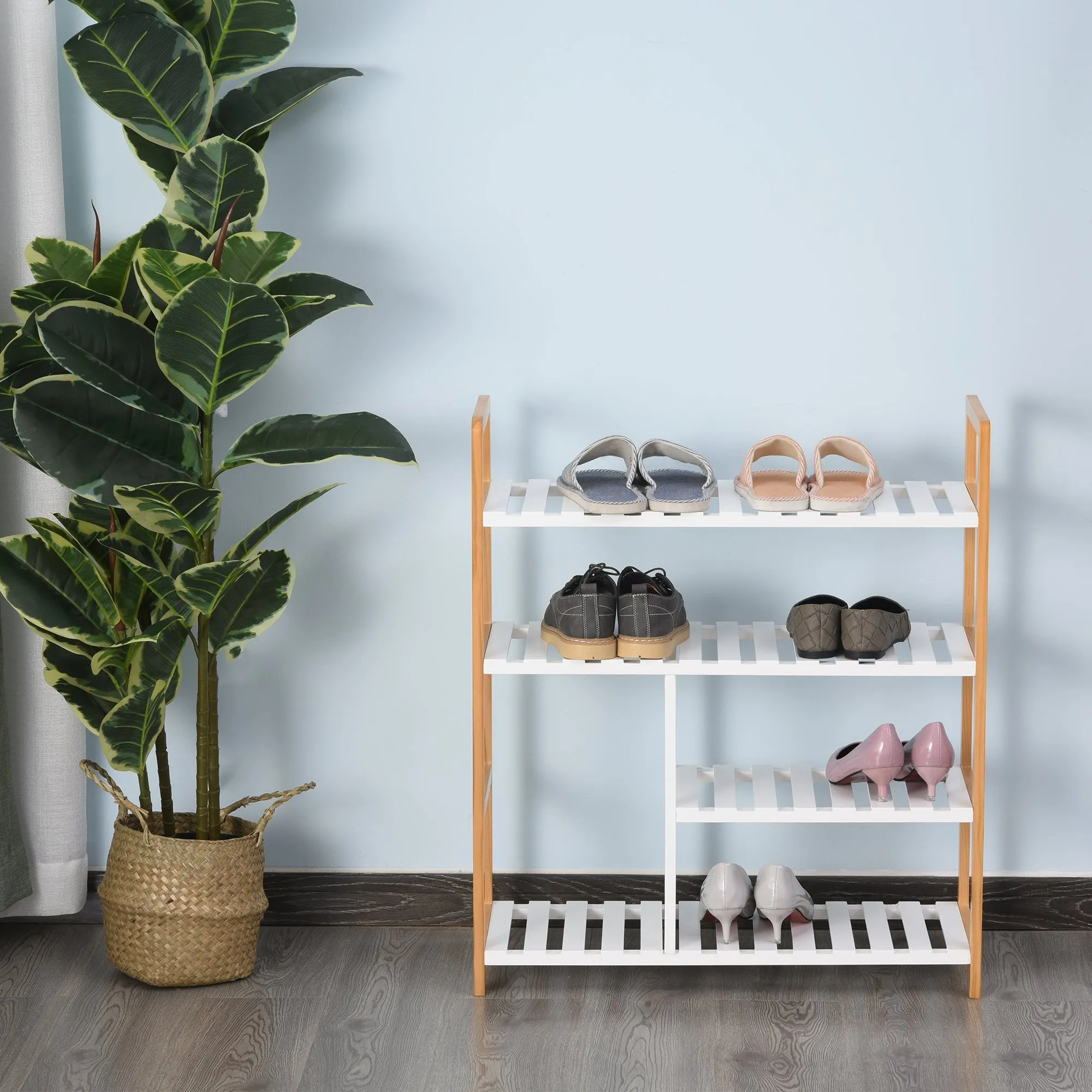 4-Tier Shoe Rack Simple Home Storage w/ Wood Frame Boot Compartment Slatted Shelves Trainer Sandals Stylish Hallway Furniture