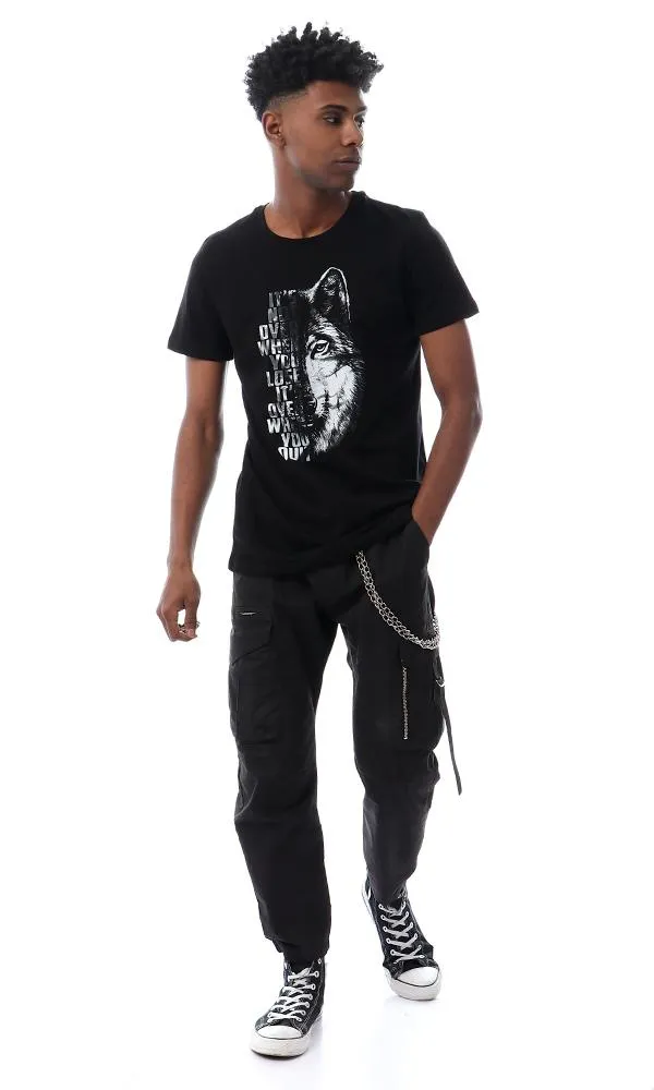 56768 Wolf Printing Round Stylish Black T-Shirt