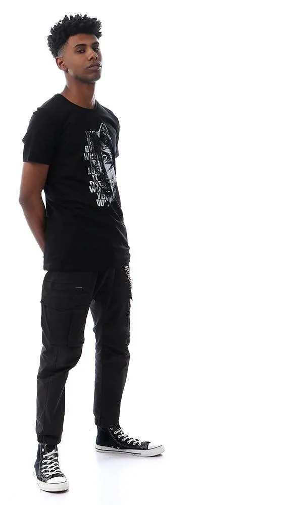 56768 Wolf Printing Round Stylish Black T-Shirt