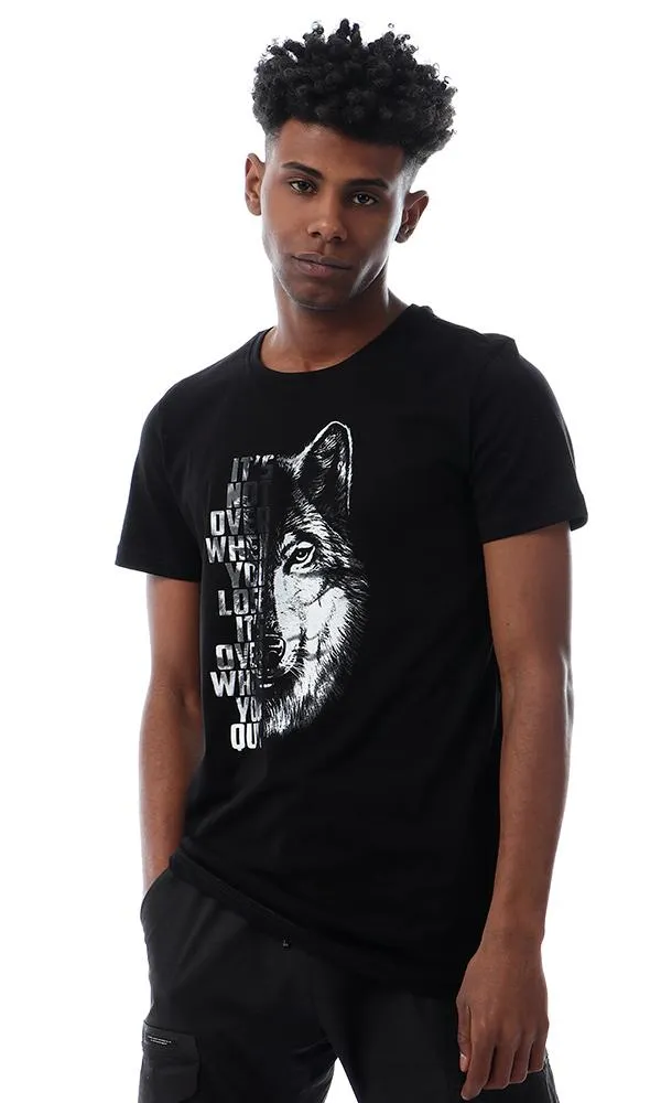 56768 Wolf Printing Round Stylish Black T-Shirt