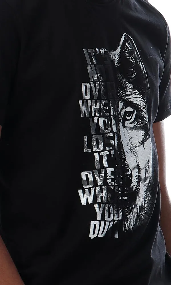 56768 Wolf Printing Round Stylish Black T-Shirt