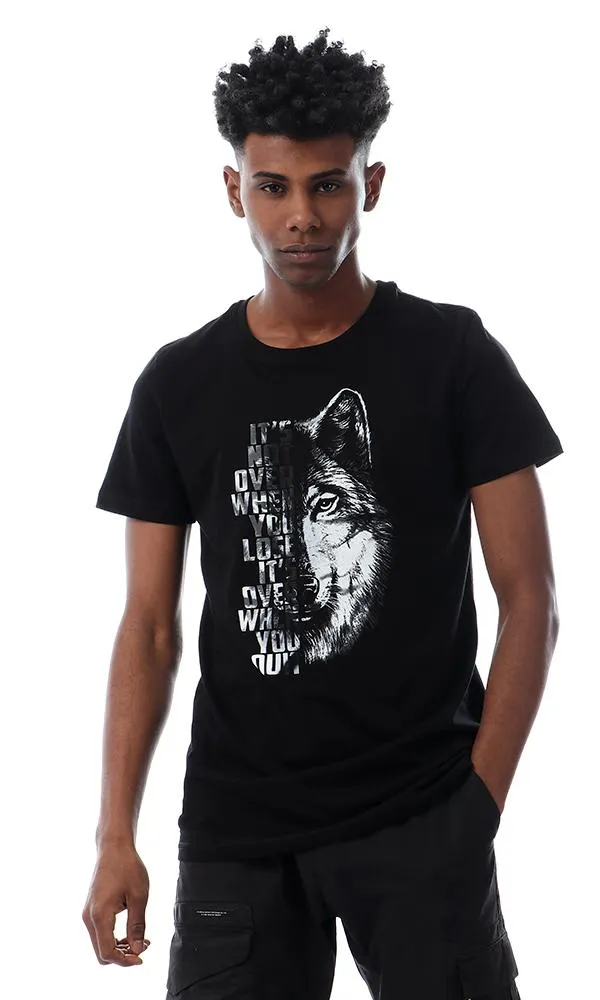 56768 Wolf Printing Round Stylish Black T-Shirt