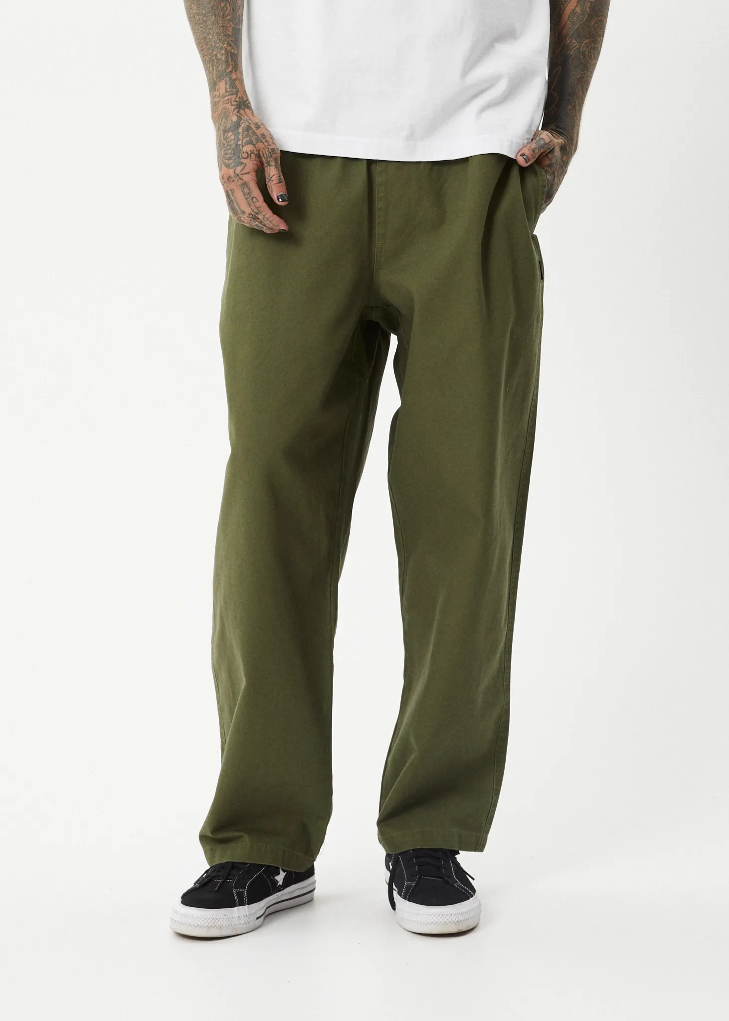 AFENDS Mens Ninety Eights - Baggy Elastic Waist Pants - Military