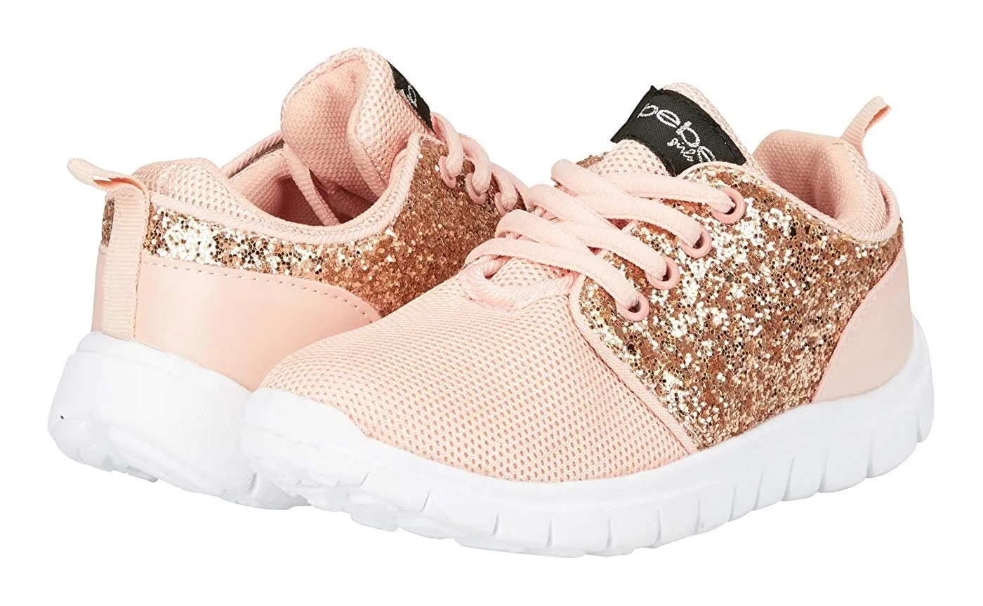 bebe Girls Mesh PU Jogger Sneakers Glitter Panel Comfort Sporty Slip-On Shoes