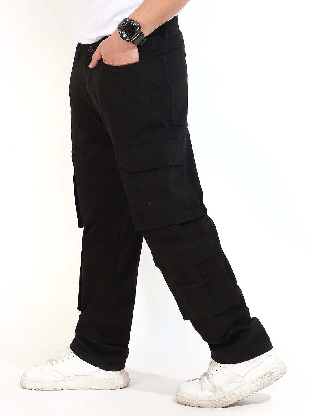 Black Cotton Drill 8 pocket Baggy Fit Cargo