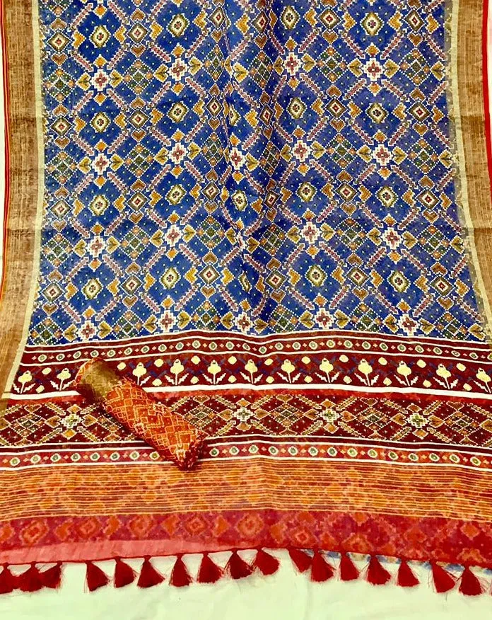 Blue Linen Patola Saree