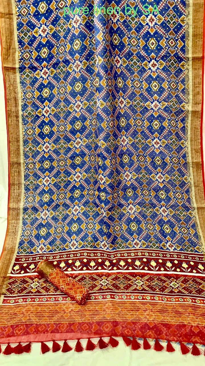 Blue Linen Patola Saree