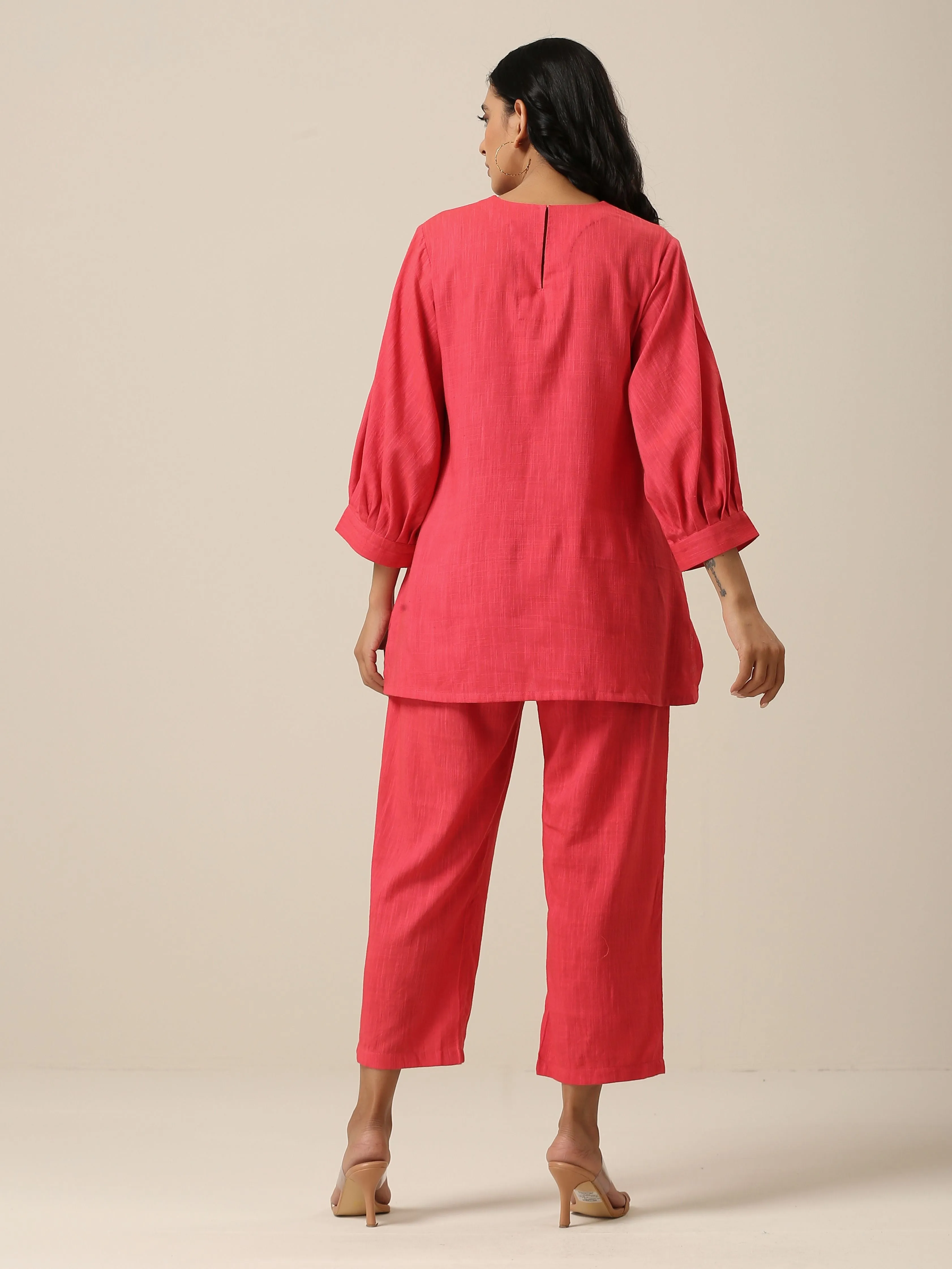 Bright Pink Slub Texture Baggy Sleeve Co-Ord Set | Relove