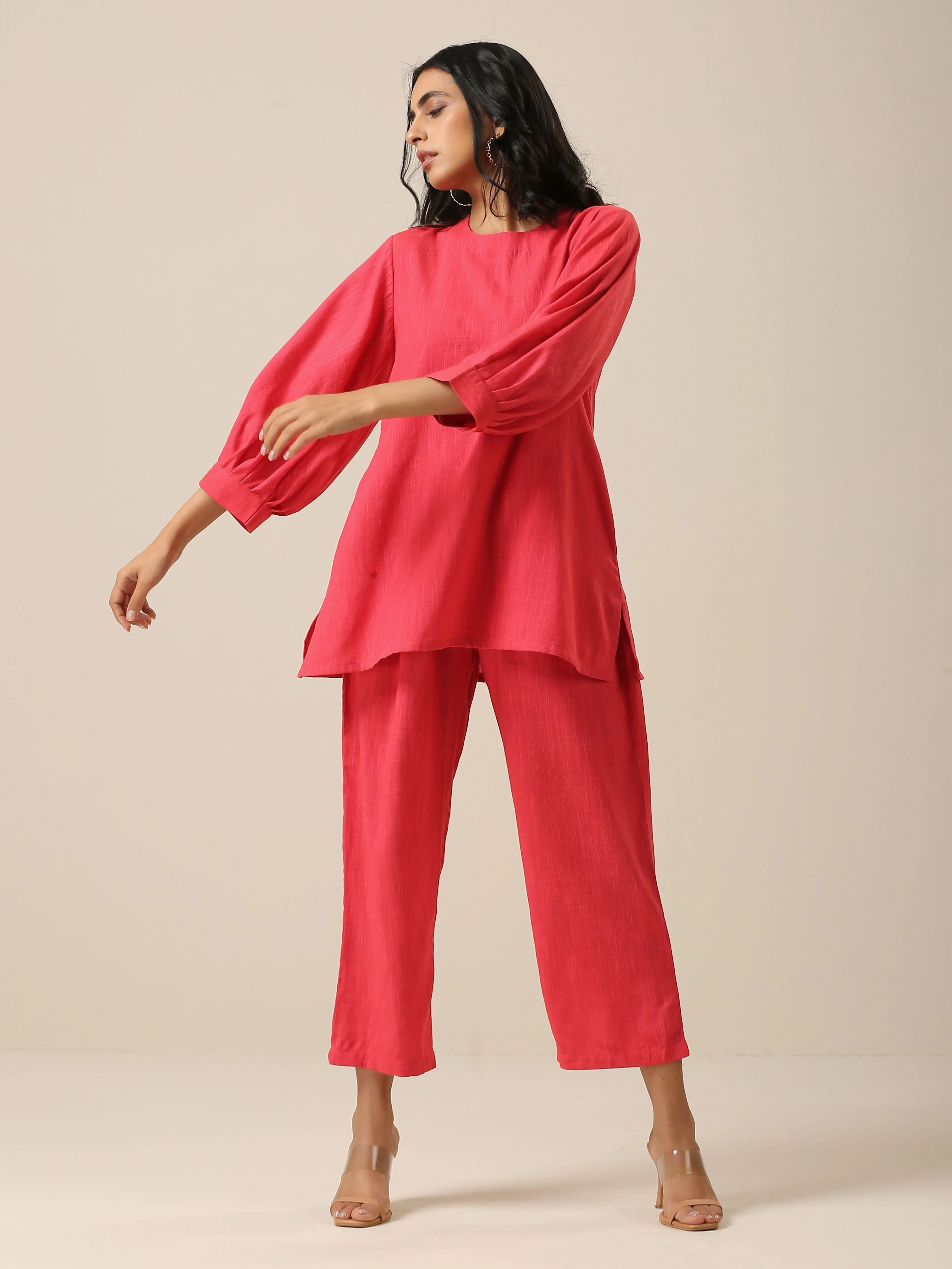 Bright Pink Slub Texture Baggy Sleeve Co-Ord Set | Relove