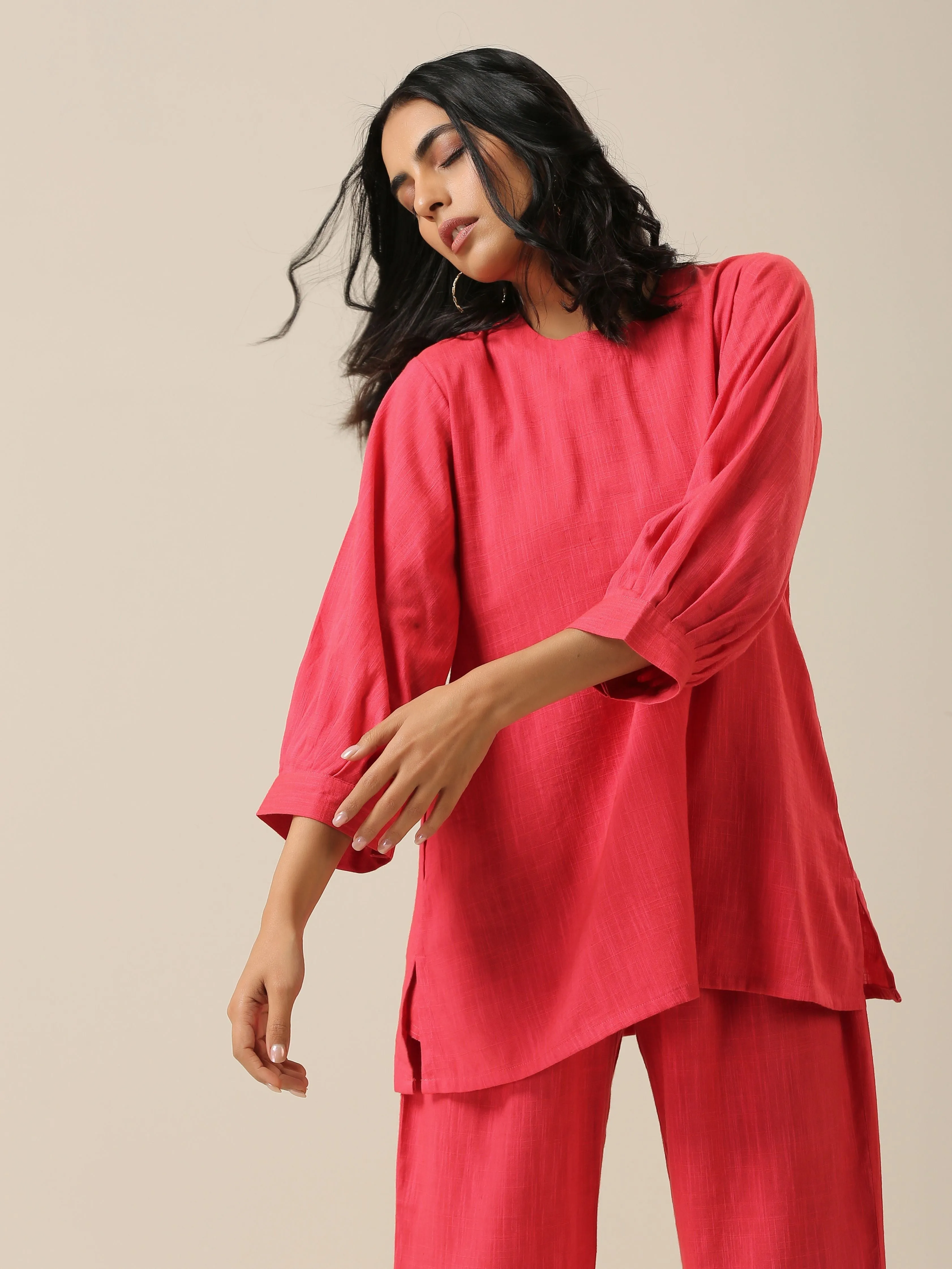 Bright Pink Slub Texture Baggy Sleeve Co-Ord Set | Relove