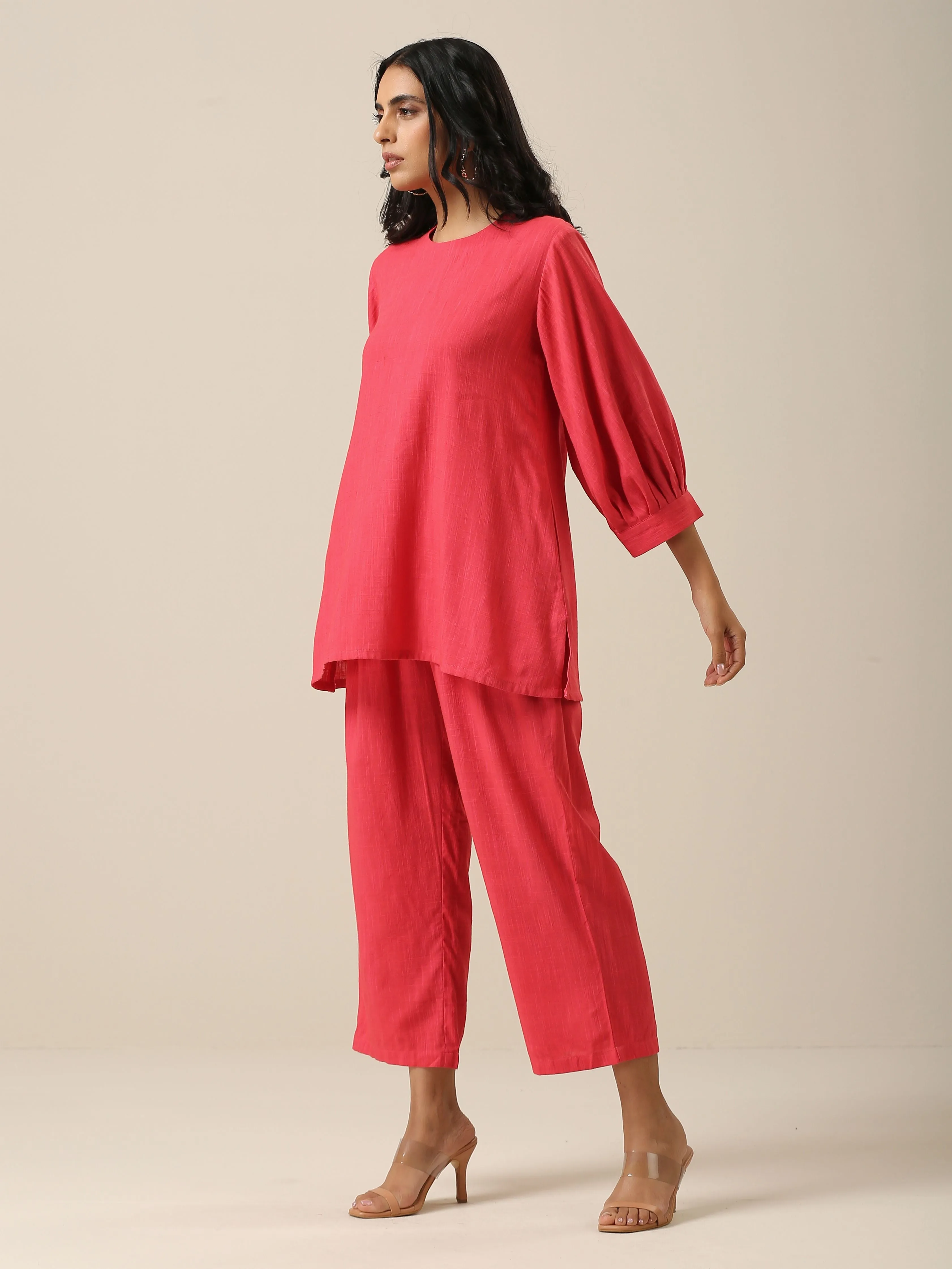 Bright Pink Slub Texture Baggy Sleeve Co-Ord Set | Relove