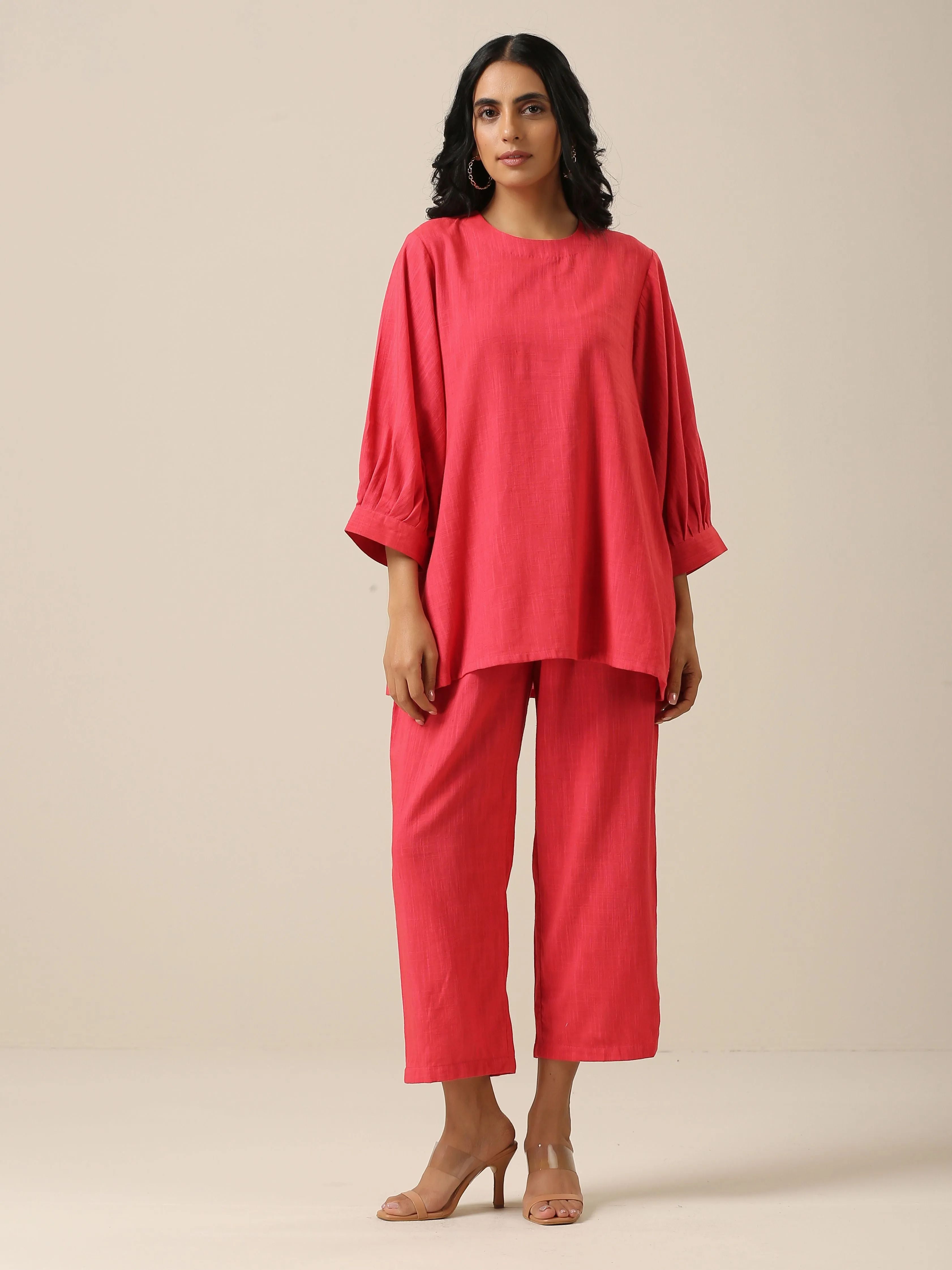 Bright Pink Slub Texture Baggy Sleeve Co-Ord Set | Relove