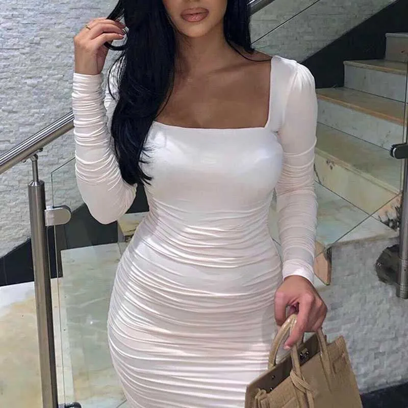 Charming Square Neck Tight Long Sleeve Ruched Bodycon Dress