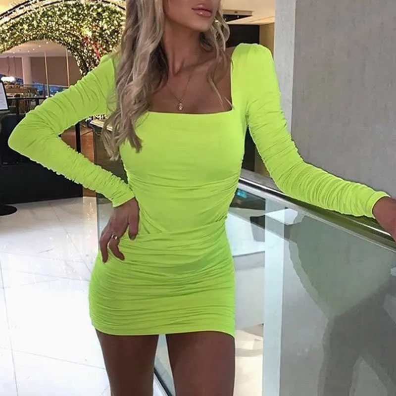 Charming Square Neck Tight Long Sleeve Ruched Bodycon Dress