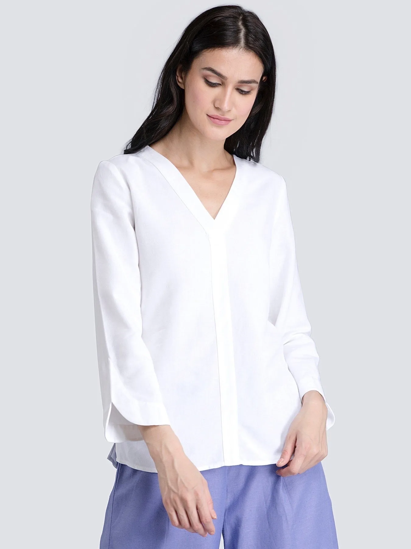 Cotton V Neck Top With Stylish Sleeves - White