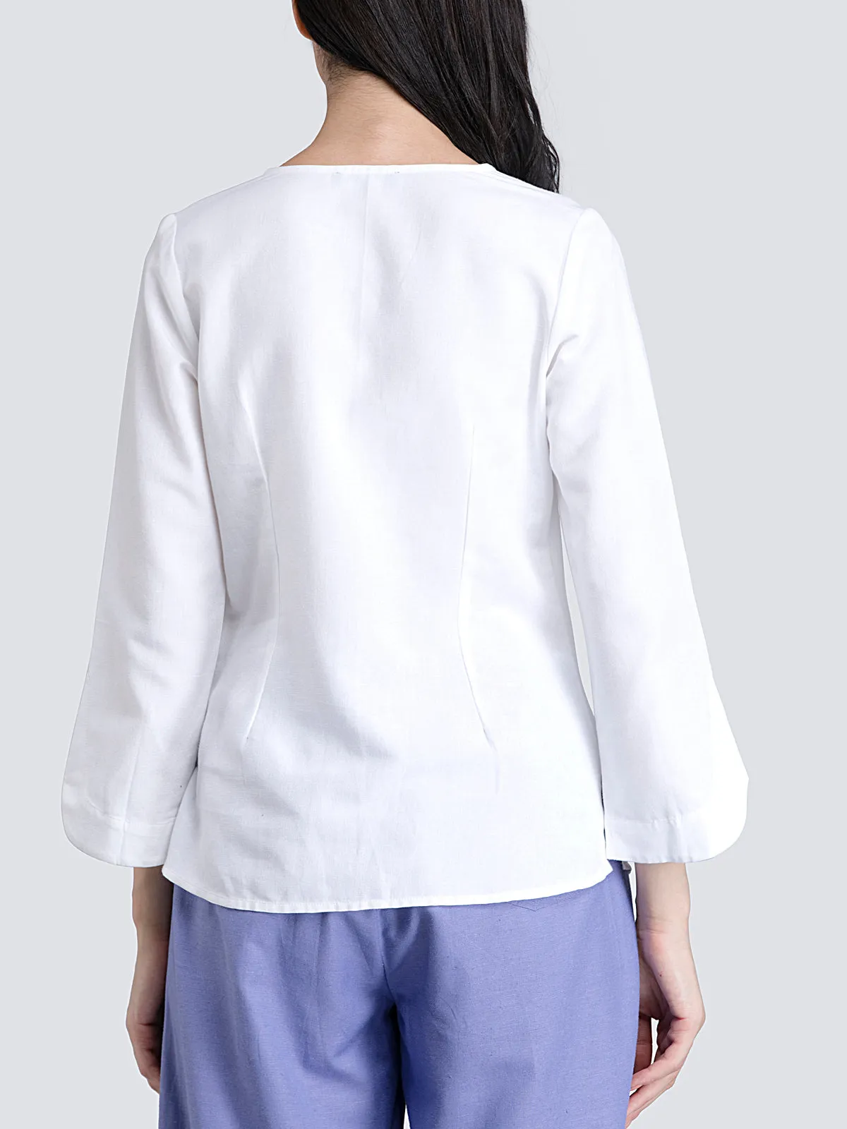 Cotton V Neck Top With Stylish Sleeves - White