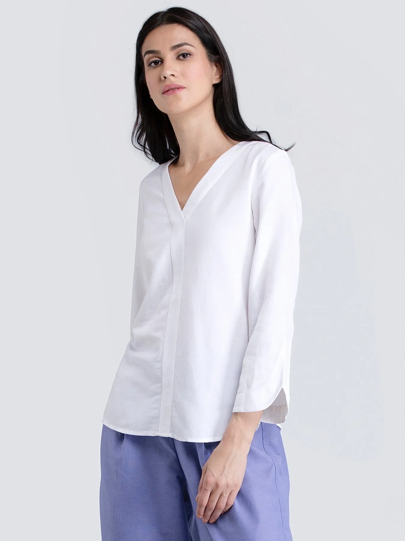 Cotton V Neck Top With Stylish Sleeves - White