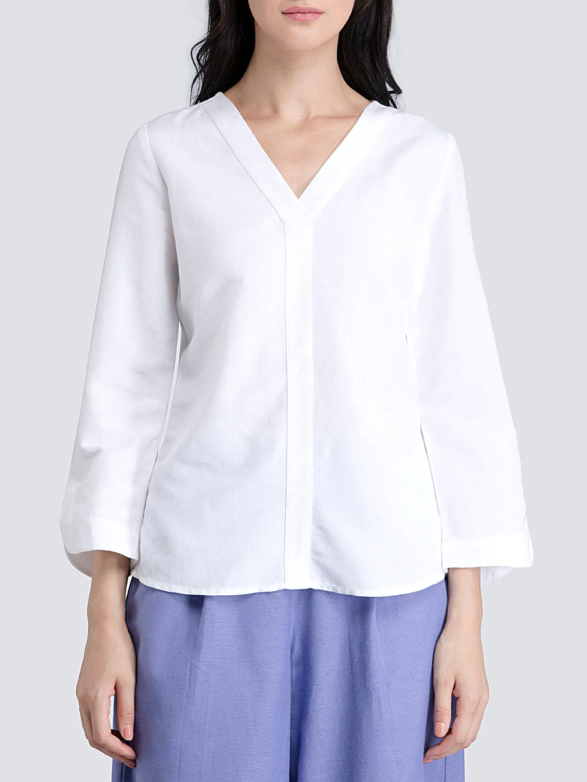 Cotton V Neck Top With Stylish Sleeves - White