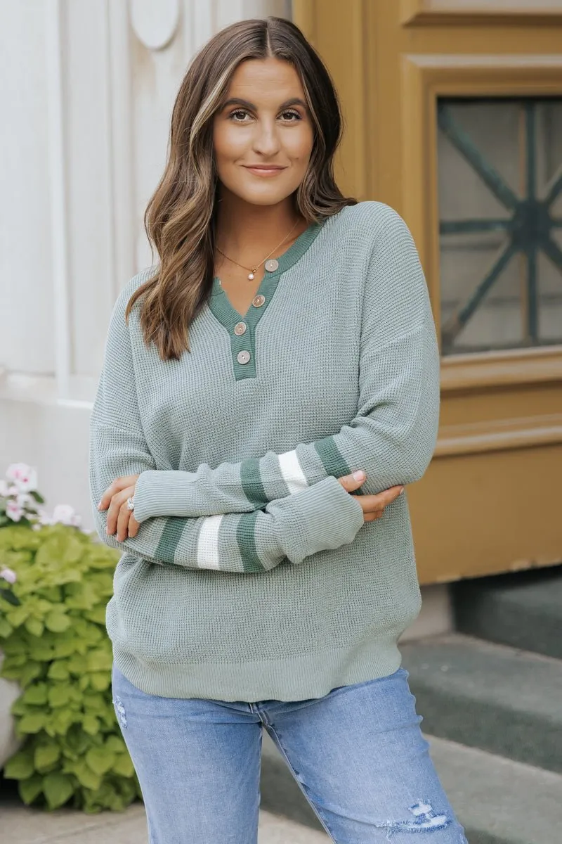 Earthy Green Striped Henley Sweater