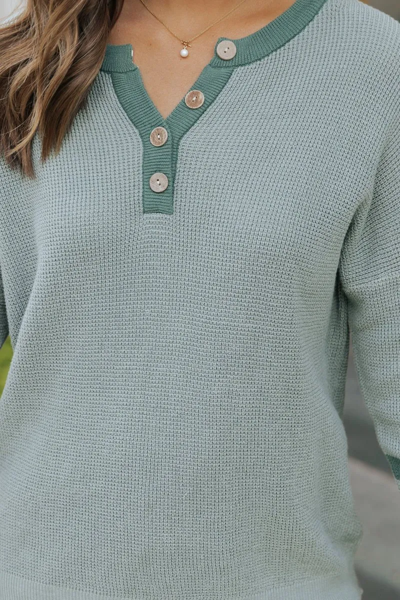 Earthy Green Striped Henley Sweater