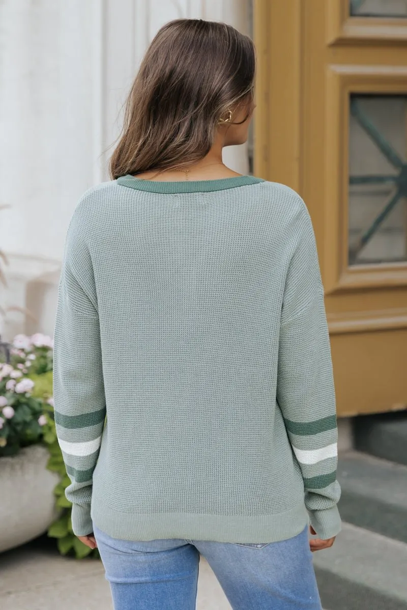 Earthy Green Striped Henley Sweater