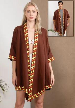 Embroidered Linen Kimono Brown