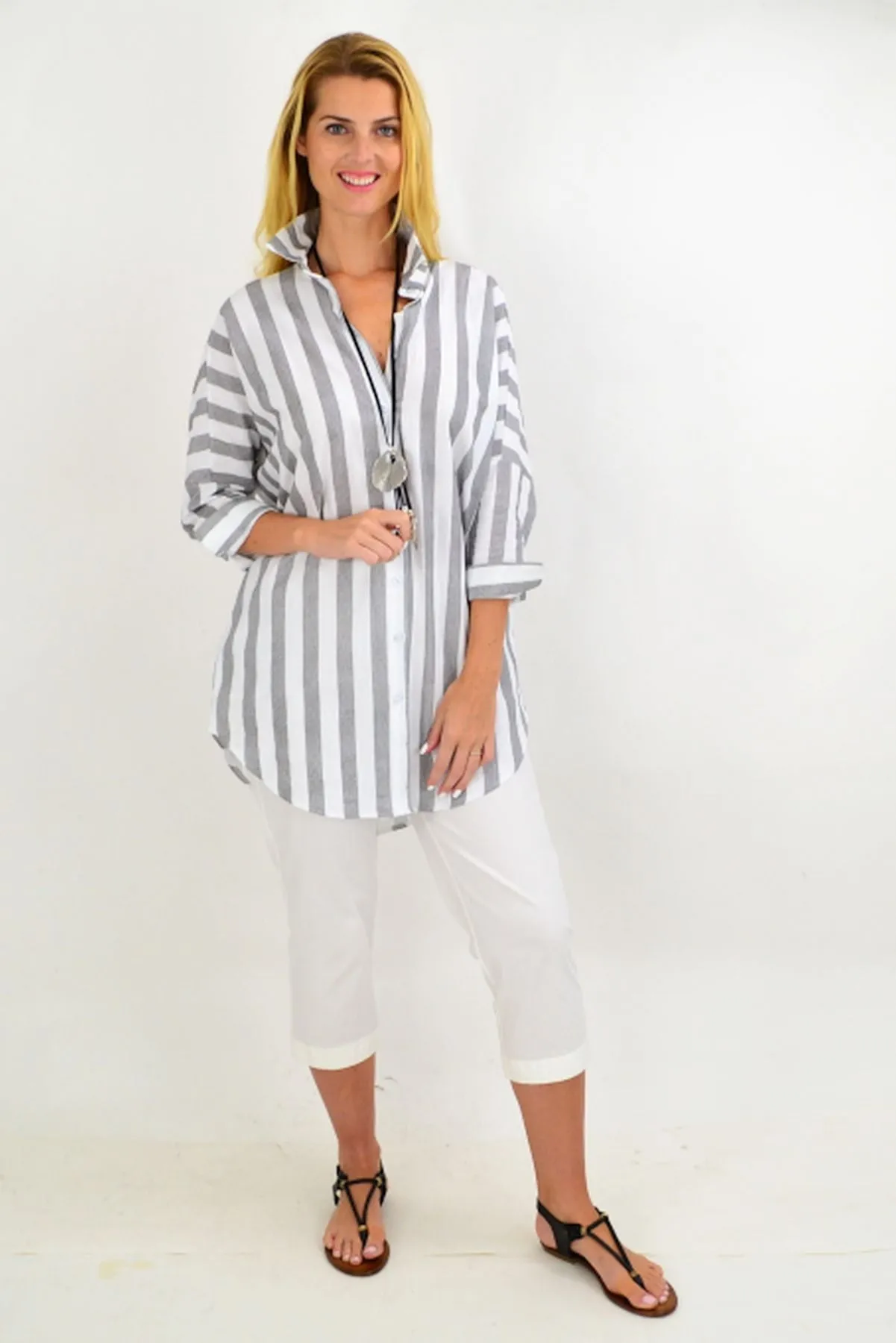 Grey & White Striped Cotton Shirt