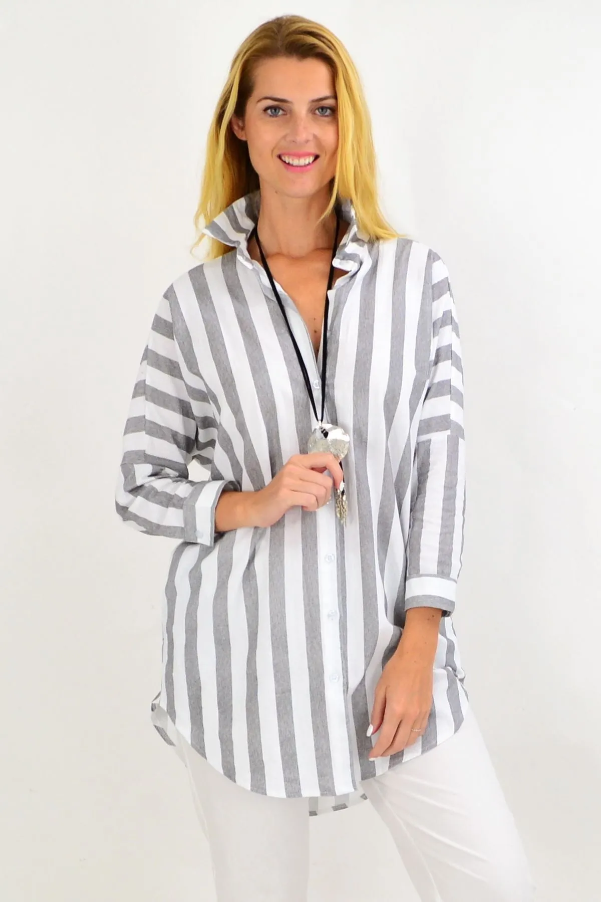 Grey & White Striped Cotton Shirt