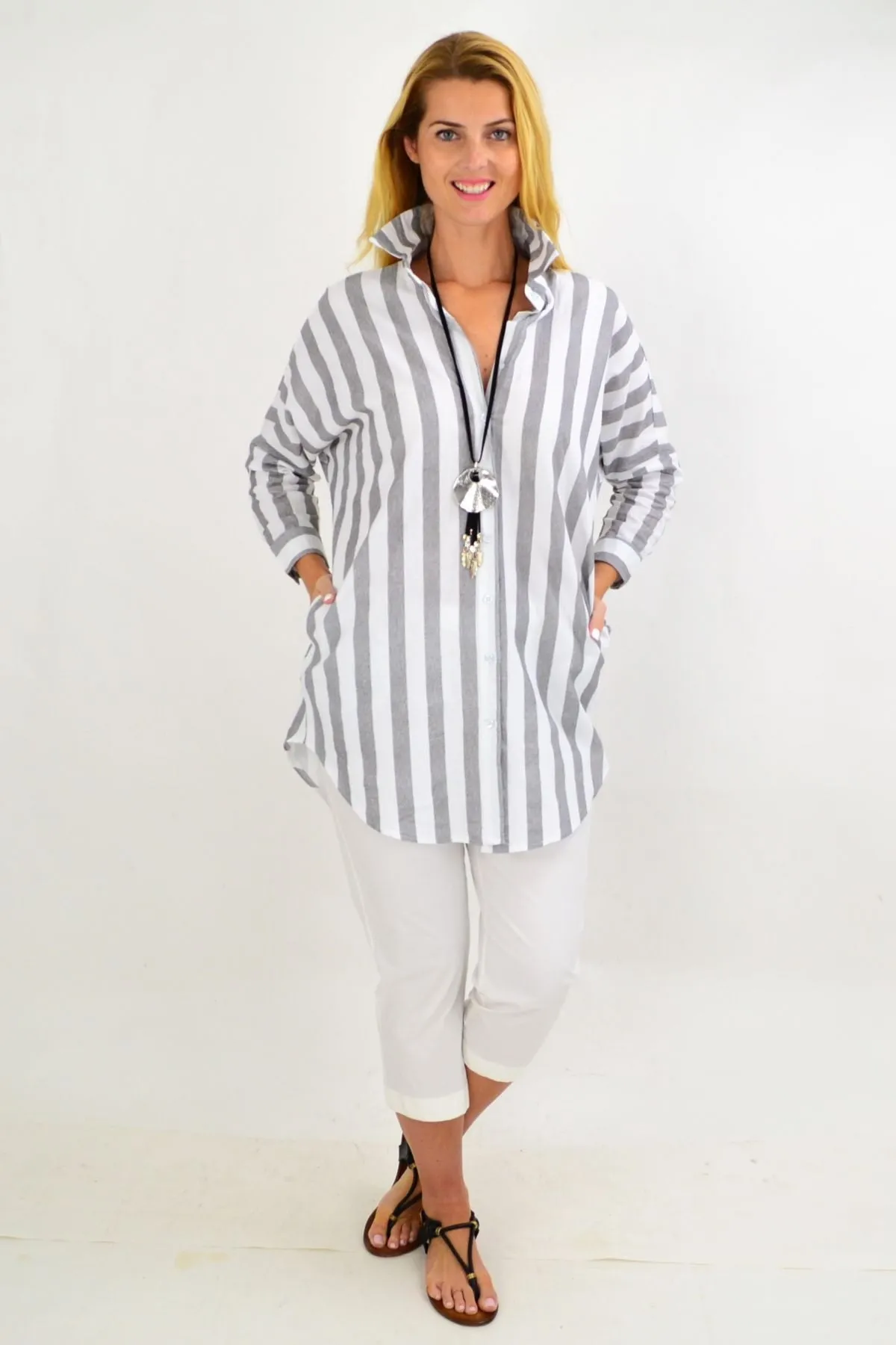 Grey & White Striped Cotton Shirt