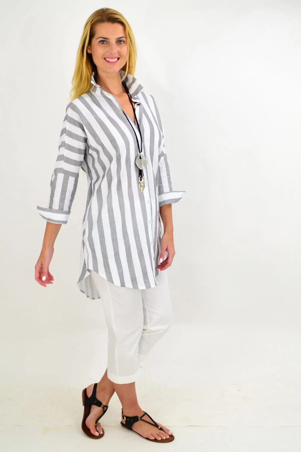 Grey & White Striped Cotton Shirt