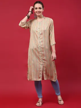 Indiessence Women Beige Stripe Printed Kurta