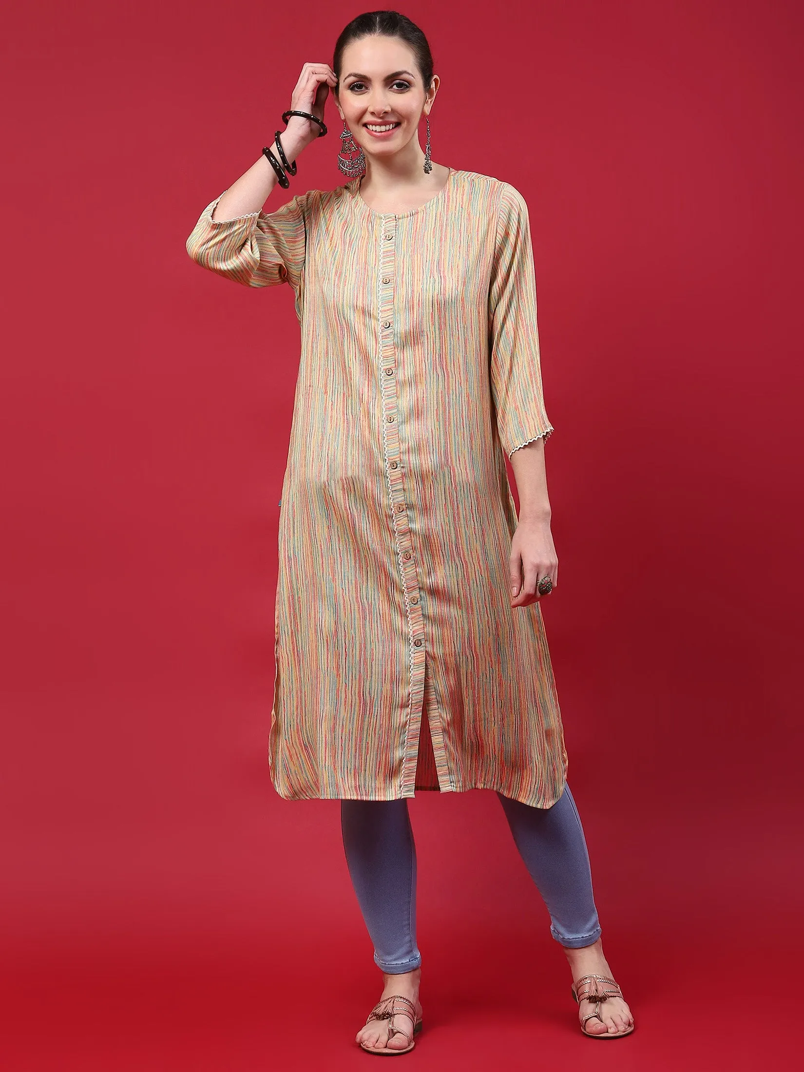 Indiessence Women Beige Stripe Printed Kurta