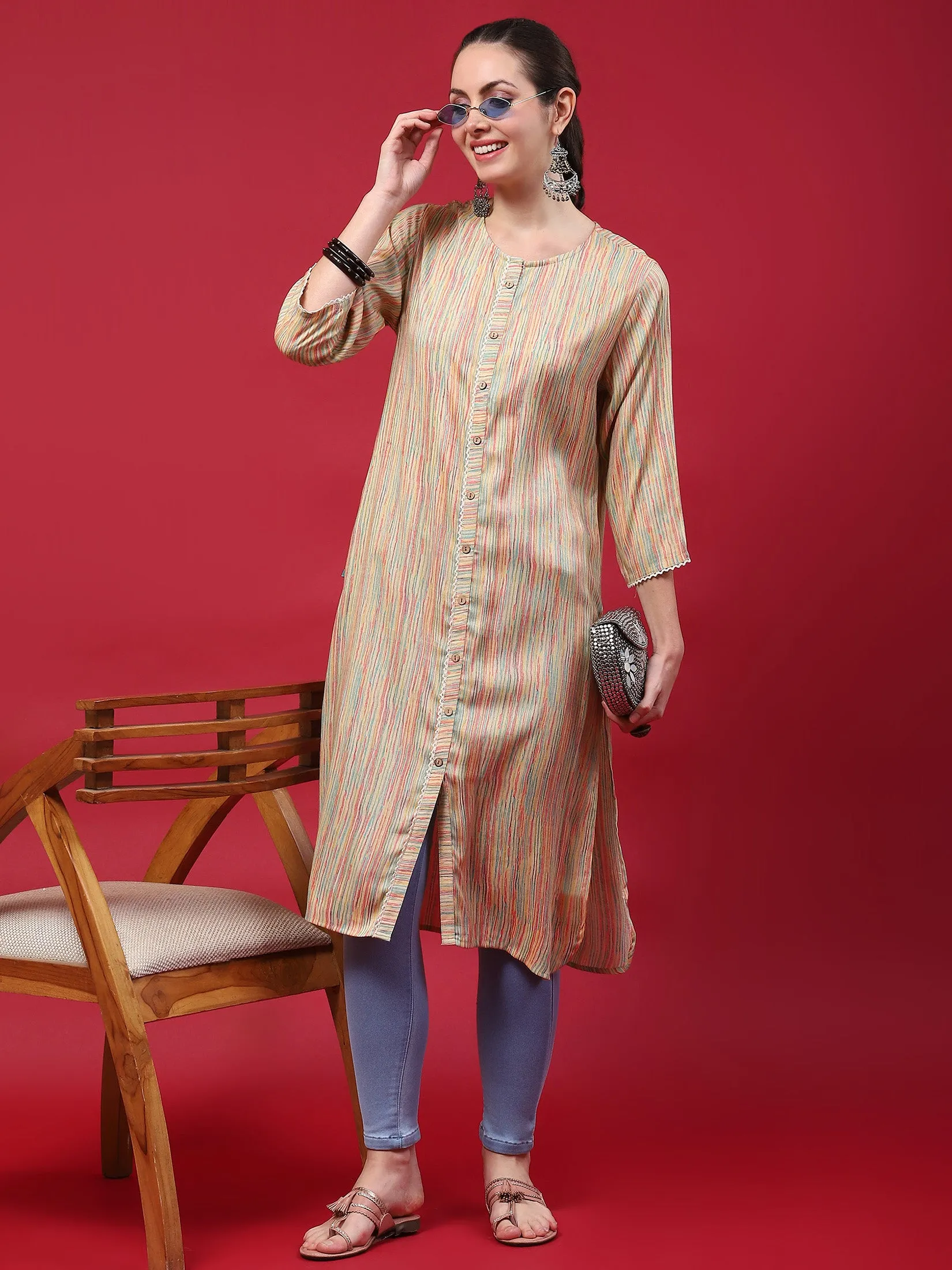 Indiessence Women Beige Stripe Printed Kurta