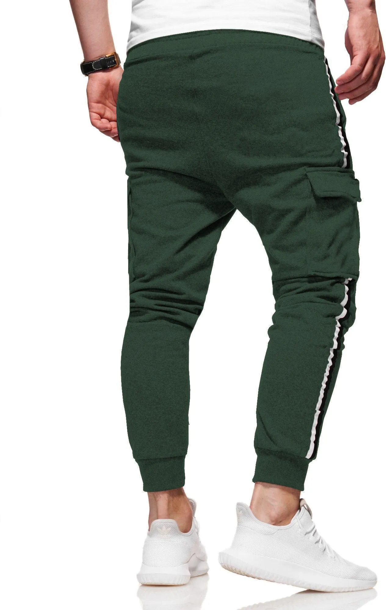 Men Olive Green Striped Cargo Jogger