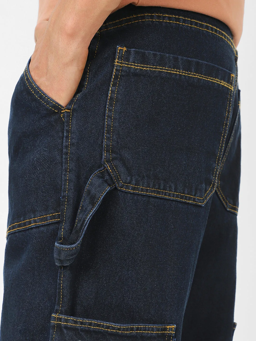 Men's Dark Blue Loose Baggy  Fit Carpenter Cargo Jeans With 6 Pockets Non-Stretchable