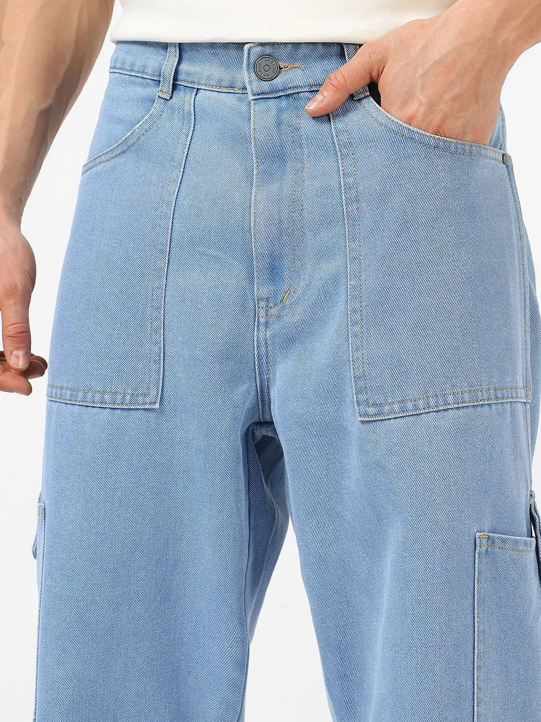 Men's Ice Blue Loose Baggy Fit Washed Cargo Jeans With 6 Pockets Non-Stretchable