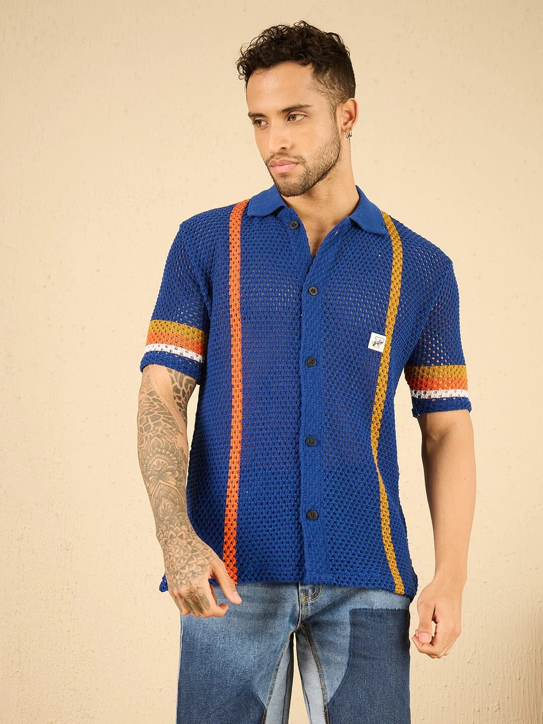 Royal Blue Striped Crochet Shirt