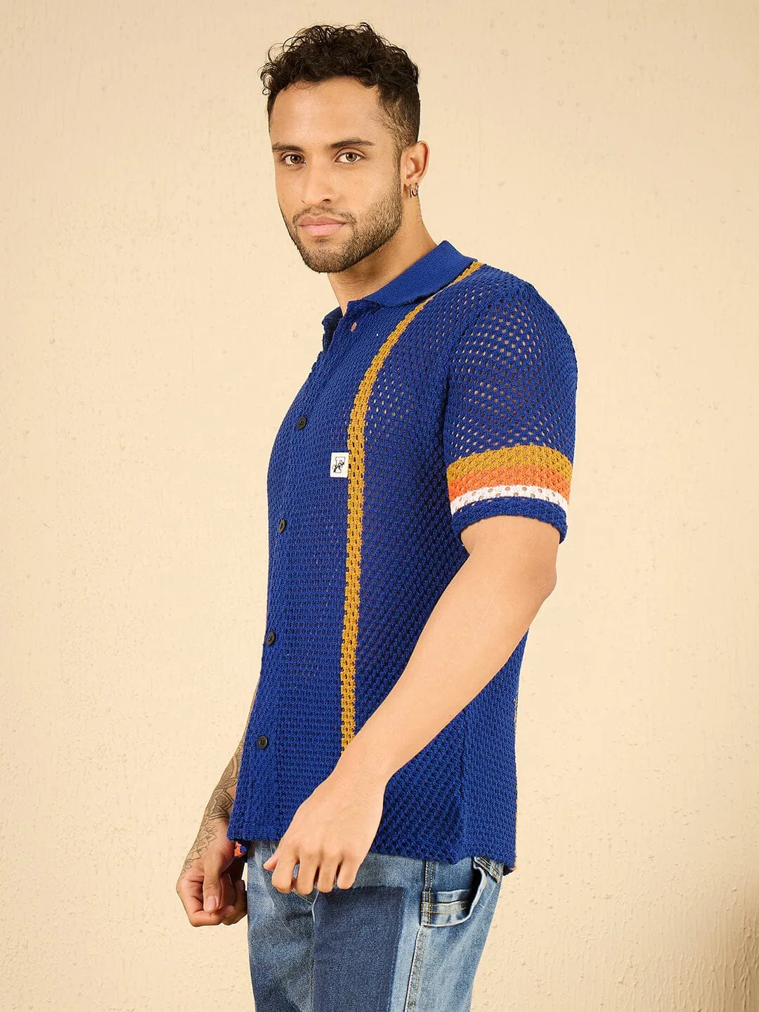 Royal Blue Striped Crochet Shirt