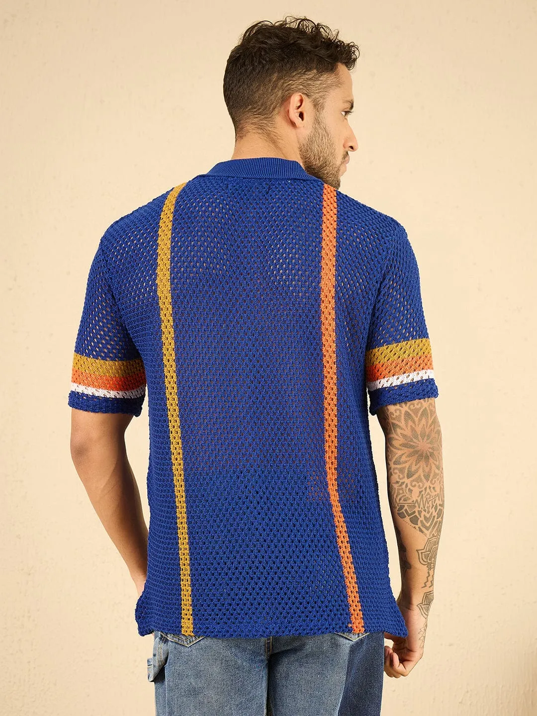 Royal Blue Striped Crochet Shirt