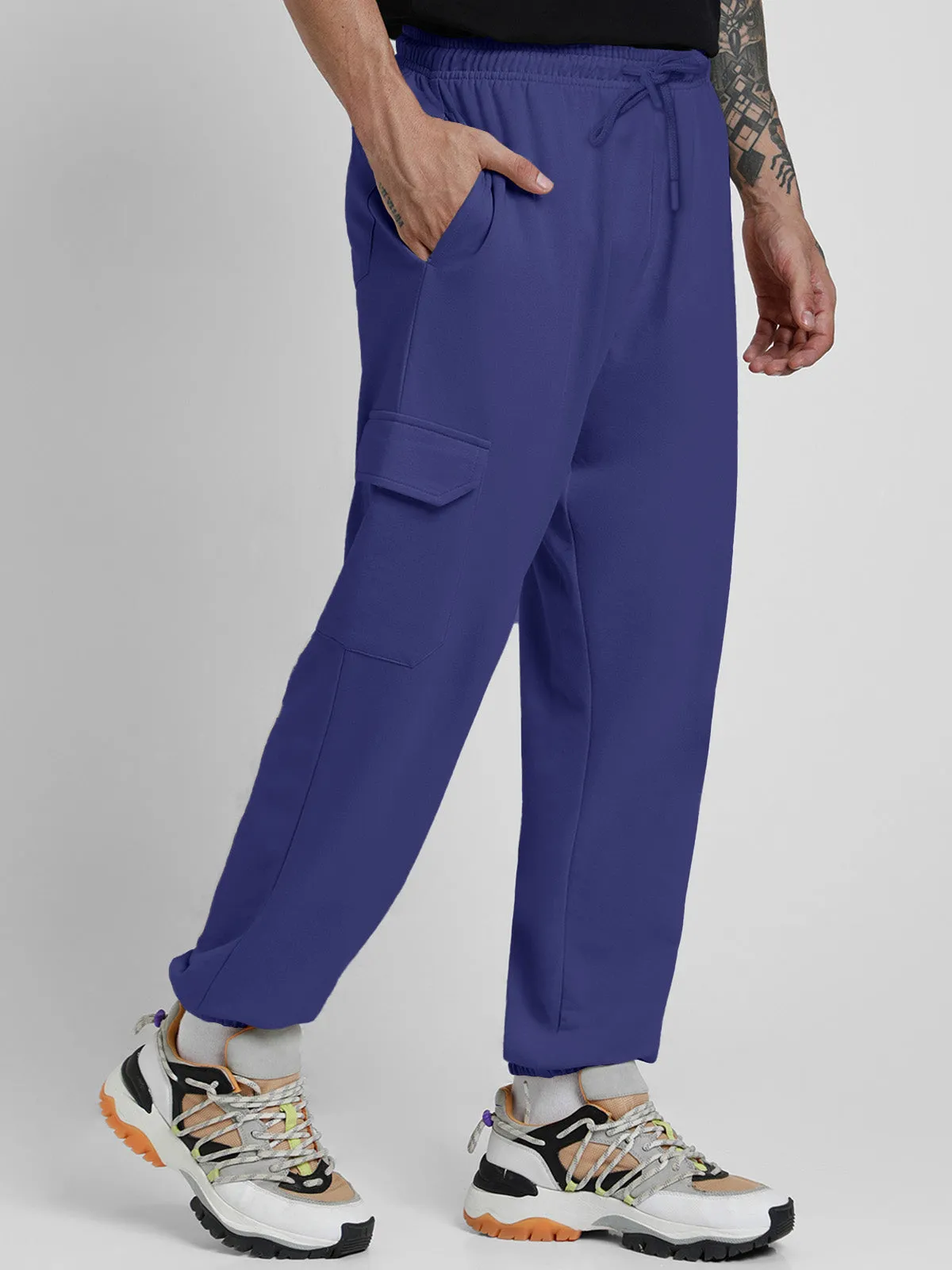 Skipper Blue Solid Baggy Fit Cargo Joggers