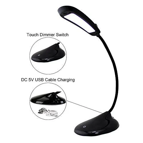 SUPERPRODUCTS LED DESK LAMP, MODERN STYLISH DOLPHIN DESIGNED PORTABLE BOOK READING LIGHT, LED EYE TABLE LAMP WITH THREE GEAR TOUCH CONTROL STUDYING,WORKING,CAMPING,USB CHARGING PORT - BLACK