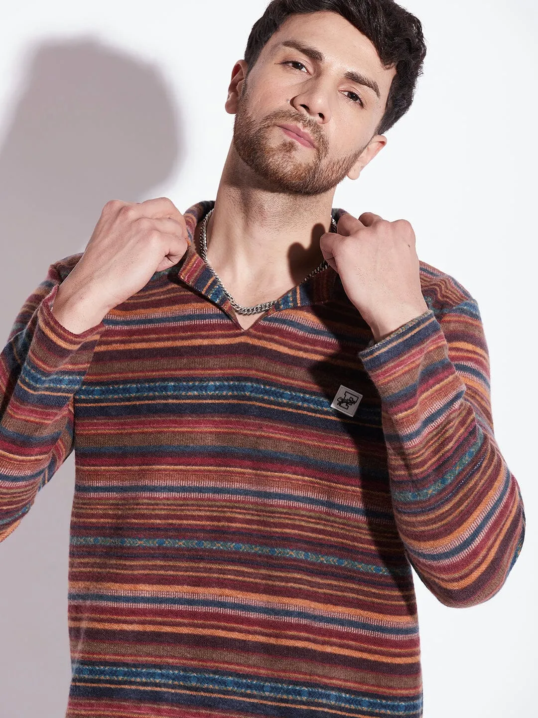 Technicolour Striped Cuban Collared Sweater