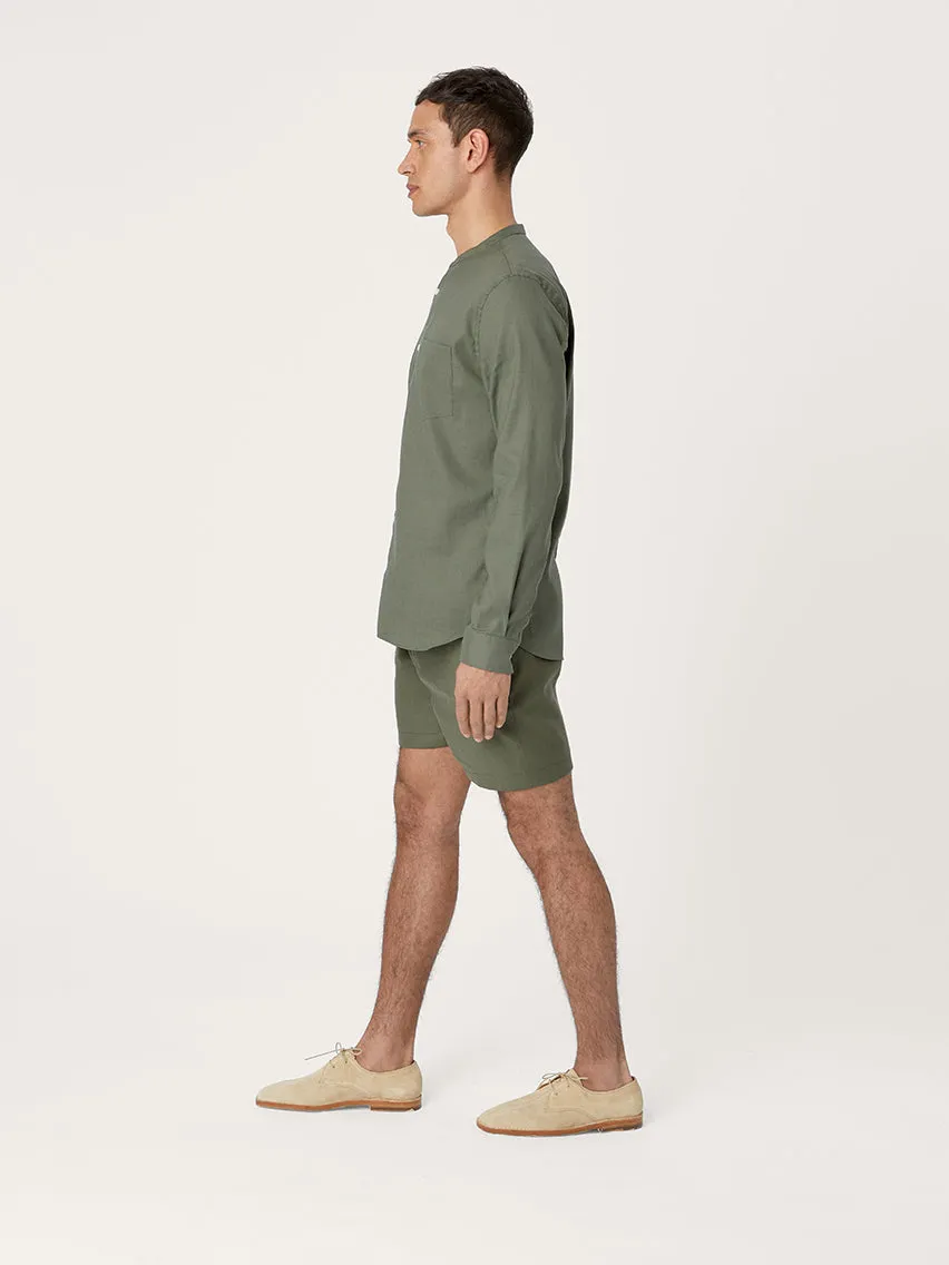 The All Day Shirt Linen Collarless || Olive | Linen