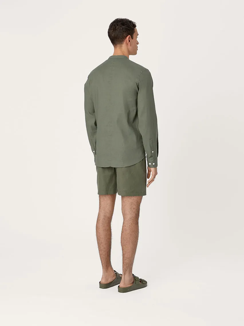 The All Day Shirt Linen Collarless || Olive | Linen